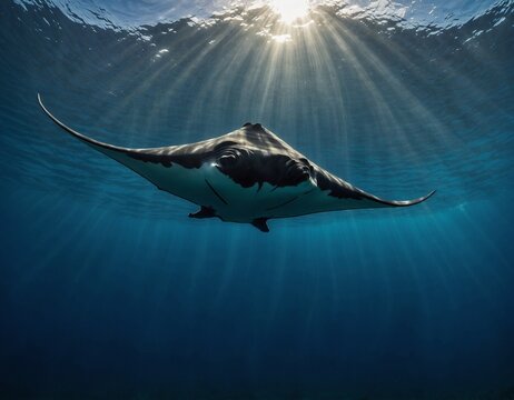 Close-up shot of a majestic manta ray gliding gracefully through the ocean depths, a symbol of grace and elegance in marine life.
