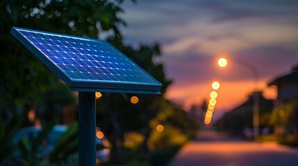 Closeup of an energyefficient LED streetlight powered by solar energy, urban sustainability, night setting with a clear starry sky - obrazy, fototapety, plakaty