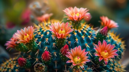 Dynamic closeup of a cactus in bloom in the desert, capturing the contrast between the harsh, spiky exterior and the delicate, vibrant flowers