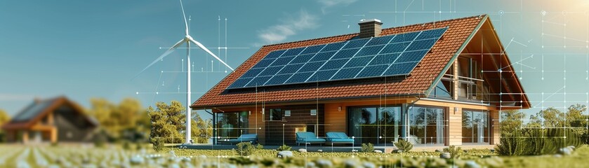 Ecofriendly house with solar panels on the roof and a wind turbine in the background, selfsustaining home concept, clear sunny day