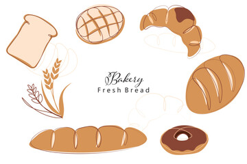 Set of breads vector illustration. Baking, bakery, cooking, sweet products, pastries concept. Vector illustrations isolated on white background for posters, banners, cards, and advertisements.