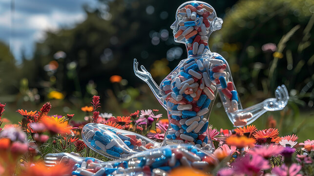 An abstract representation of a healthy lifestyle, with a clear mannequin filled with pills, set in a flourishing natural garden, symbolizing the contrast between natural health and medicinal reliance