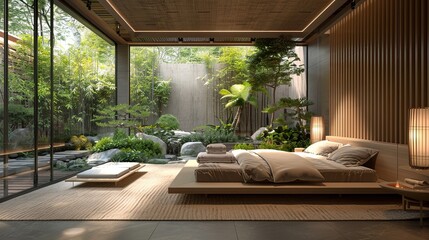 Zen Bedroom Oasis with Garden View - obrazy, fototapety, plakaty