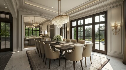 A sophisticated dining room with a statement chandelier and upholstered chairs
