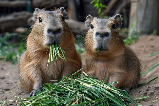 Two Capybaras Eating Grass. Generative AI