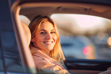 Smiling young woman sitting behind the wheel with a phone. Happy lifestyle.