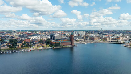 Stockholm, Sweden. Stockholm City Hall and Lake Malaren. Panorama of the city. Summer day, Aerial...