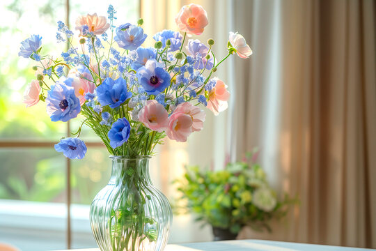 spring bouquet of beautiful flowers in a vase in the warm rays of the sun on the windowsill