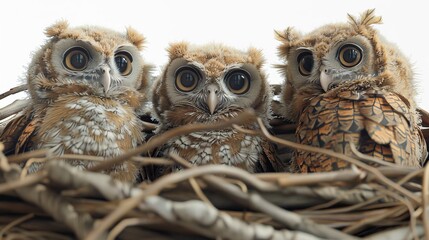 Three baby owls are sitting in a nest