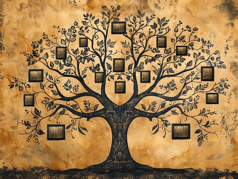 Serene family tree background with an elegant tree of life design, incorporating empty photo frames of different shapes for family pictures