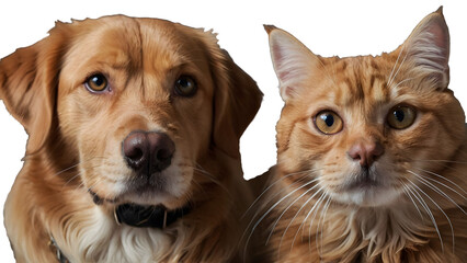 banner with a cat and a dog looking up, isolated on white background.
