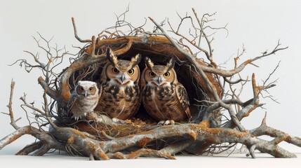 Three owls are sitting in a nest made of twigs and branches