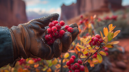 Weathered gloved hand harvests desert berries, dew glistening. Vast desert landscape unfolds in warm tones. Desert survival skills.