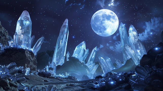 Crystalline formations shimmering and sparkling under the gentle caress of moonlight, like jewels in the night sky.