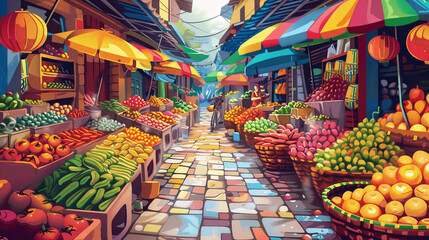 Vibrant Market Street Illustration - obrazy, fototapety, plakaty