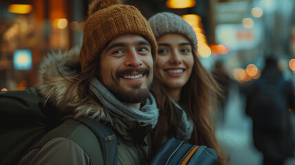 1. Airport Adventure: A radiant couple stands in the bustling terminal of an airport, clutching their suitcases with excitement. Their smiles beam as they embark on a new journey t