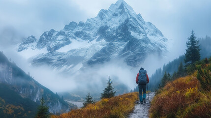 Fototapeta premium 4. Mountain Retreat: In the tranquil embrace of nature, a couple hikes along a winding mountain trail, suitcases strapped to their backs. Towering peaks loom in the distance, shrou