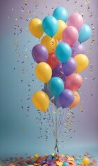 Festive colorfull background with balloons, serpentine and confetti. Ai generative