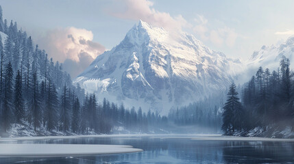 A majestic snow-capped mountain towering above a frozen alpine lake surrounded by pine forests and bathed in the soft light of a winter sunrise isolated on a transparent background
