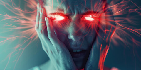 Cluster Headache: The Excruciating Pain and Eye Redness - Visualize a person holding their head, with redness around one eye and pain lines radiating from the head, illustrating the excruciating pain 