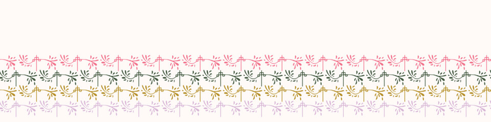 Retro botanical vector border in elegant style. Luxury print textur for beautiful feminine banner decor. Multicolor 70s leaf design