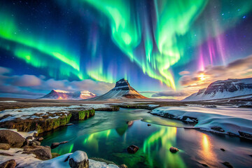 "Aurora Borealis in Iceland": The mesmerizing display of the Northern Lights illuminating the night sky above the rugged landscapes of Iceland.
