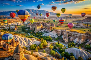 Fotobehang "Hot Air Balloon Ride": A picturesque scene of colorful hot air balloons floating above the breathtaking landscapes of Cappadocia, Turkey.  © Mari