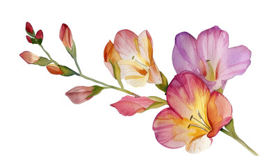 Violet freesia flower. Watercolor illustration. Hand drawn tender lilac freesia flower element in the full bloom. Isolated on white background.