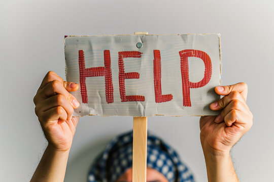 closeup hand-held sign with the word "help" displayed prominently, against a clean white background, illustrating the power of communication and solidarity in addressing challenges