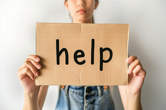 minimalist shot of person holding a sign that simply states "help" in clear and concise lettering, against a white background, emphasizing the universal nature of support and compa