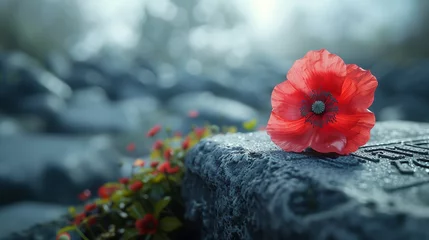Fotobehang Close-up of a poppy flower on a grave cemetery tome gravestone, set against the backdrop of an ongoing battle, emphasizing hope amidst chaos, 8K © Supapich