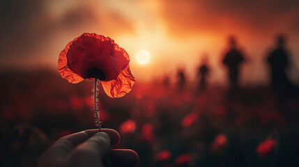 Macro shot of a poppy in the foreground with a silhouette soldier walking away in the background, representing the continuous journey despite loss, high-resolution