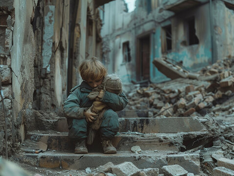 Sad alone dirty child boy despair from his family person holding teddy bear toy in civil war crime crisis disaster, homeless abandoned desperate childhood cry destroy building