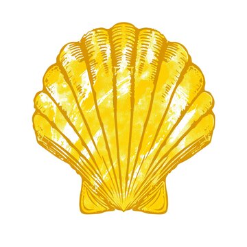 A graphic of a bright yellow Camino de Santiago scallop shell on a white background. generative AI