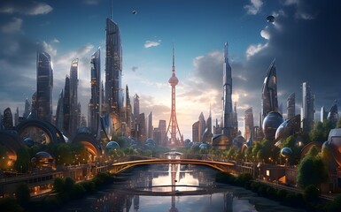 Obraz premium Green technologies in a futuristic coastal city with large skyscrapers