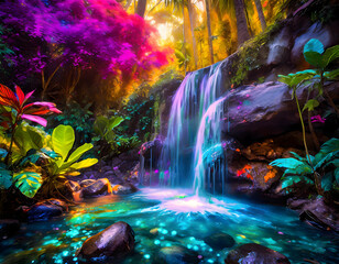 Beautiful small waterfall with tropical forest background, capturing the essence on digital art concept.