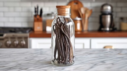 aromatic vanilla beans in a transparent glass bottle, situated in a stylish kitchen environment