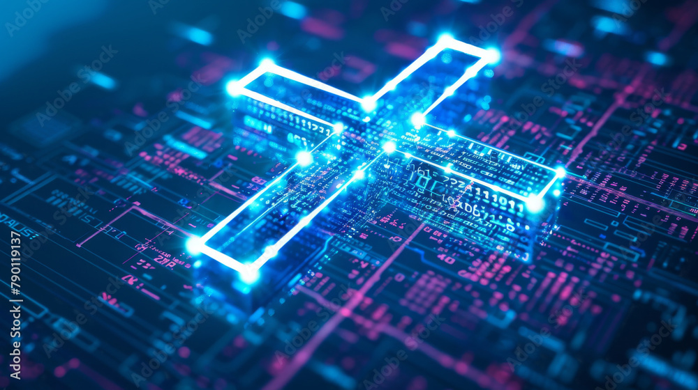 Poster futuristic digital health cross symbol glowing over circuit board background