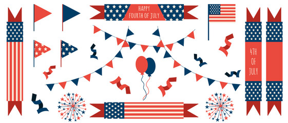 Independence of USA Ribbons Set isplated transparent background. Collection Fouth of July Ribbon in Groovy style with text. Template Festival banner element. Vector illustration. Carnival Symbol.