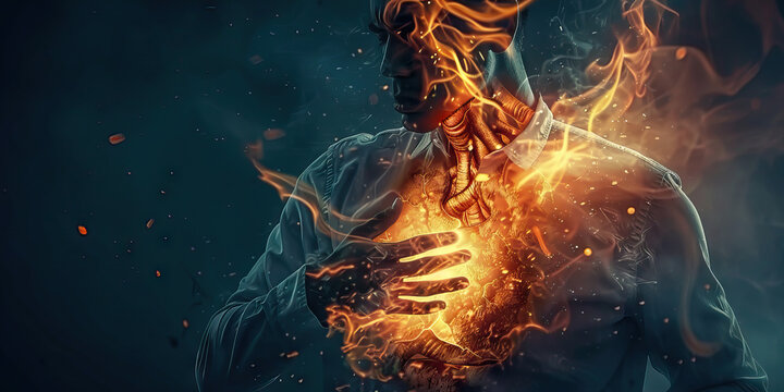 Heartburn Havoc: The Burning Sensation and Acidic Reflux - Visualize a person holding their chest, with flames and acid rising from their stomach, depicting the burning sensation and acidic reflux