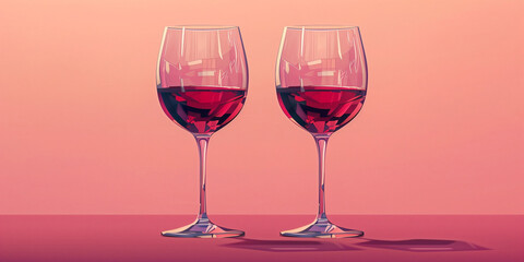 Two wine glasses minimalist concept background design. Wine glass alcohol drink poster. Wine creative poster wallpaper. Raster bitmap digital illustration. AI artwork.