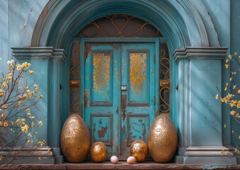 easter door In the form of light aquamarine and gold. Sophisticated design Kawaii Aesthetic William Stanley Hazeltine Romantic Landscape - obrazy, fototapety, plakaty