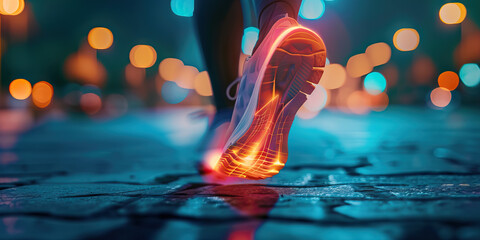 Plantar Fasciitis Pain: The Heel Pain and Difficulty Walking - Picture a person's foot with a highlighted heel, indicating pain, and a faint walking path showing difficulty walking - obrazy, fototapety, plakaty