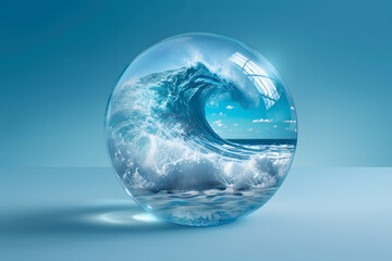 Ocean waves captured in a crystal ball, isolated on a sea preservation deep blue background, symbolizing future protection for World Ocean Day