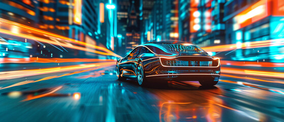 Sleek self-driving car effortlessly navigating through bustling city streets of the future.