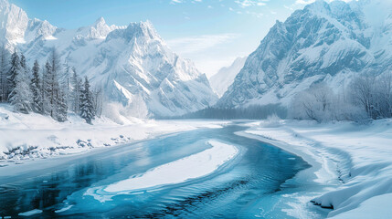 A picturesque winter landscape with snow-capped mountain peaks rising above a frozen river winding...