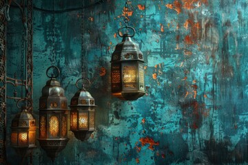 A cluster of antique lanterns hanging against the textured backdrop, casting a warm glow on the worn surface.