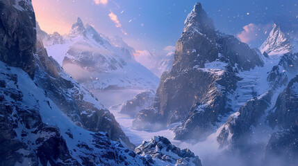 A rugged winter mountain landscape with steep cliffs and rocky outcrops dusted with snow framed by...