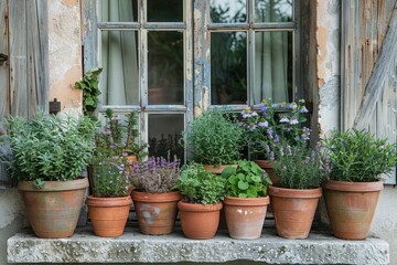 A cluster of rustic terracotta pots brimming with aromatic herbs, nestled against the weathered facade.
