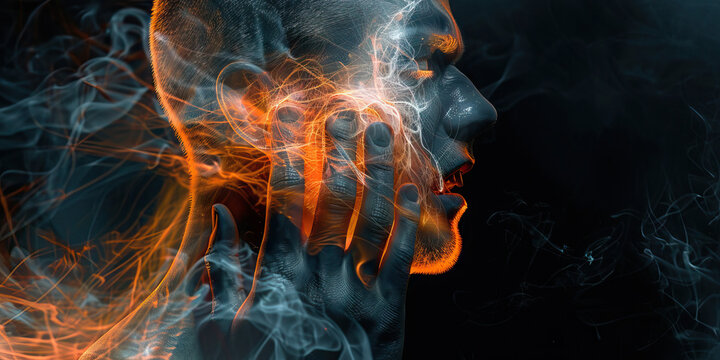 TMJ Tension: The Jaw Pain and Limited Mouth Movement - Visualize a person with their hand on their jaw, grimacing in pain, with restricted movement lines around their mouth, showing the jaw pain